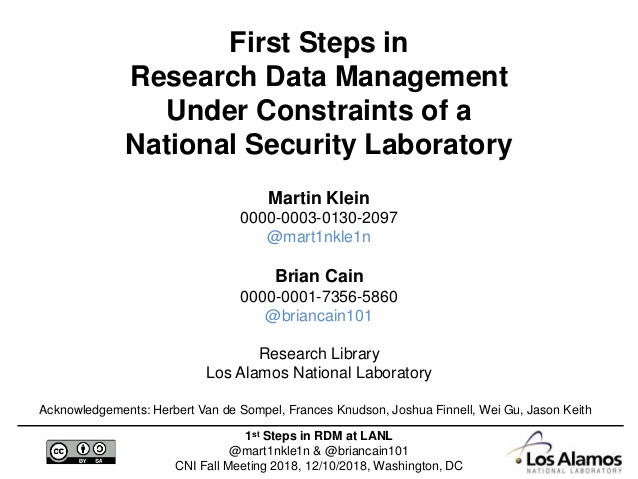 1st Steps in RDM at LANL
@mart1nkle1n & @briancain101
CNI Fall Meeting 2018, 12/10/2018, Washington, DC
First Steps in
Res...