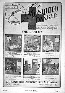Advertisement entitled "The Mosquito Danger". Includes 6 panel cartoon:#1 breadwinner has malaria, family starving; #2 wife selling ornaments; #3 doctor administers quinine; #4 patient recovers; #5 doctor indicating that quinine can be obtained from post office if needed again; #6 man who refused quinine, dead on stretcher.