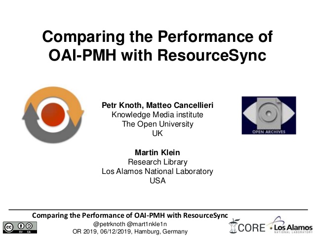Comparing the Performance of OAI-PMH with ResourceSync
@petrknoth @mart1nkle1n
OR 2019, 06/12/2019, Hamburg, Germany
Compa...