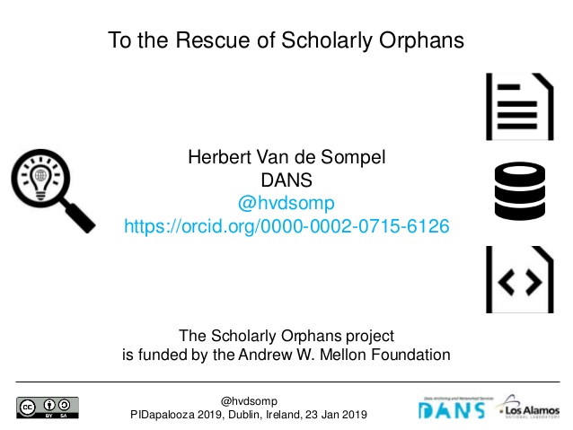 @hvdsomp
PIDapalooza 2019, Dublin, Ireland, 23 Jan 2019
Herbert Van de Sompel
DANS
@hvdsomp
https://orcid.org/0000-0002-07...