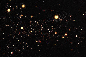 Size-exaggerated artist's conception showing the ratio of planets to stars in the Milky Way