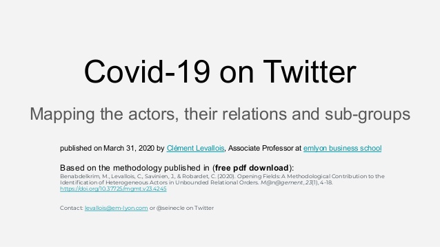 Mapping the actors, their relations and sub-groups
Covid-19 on Twitter
published on March 31, 2020 by Clément Levallois, A...